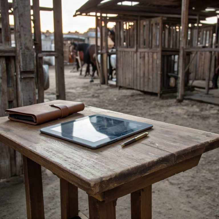 Folgeberatung Pferdefütterung Tablet mit Stift und Notizbuch auf einem rustikalen Holztisch, Stallgebäude im Hintergrund